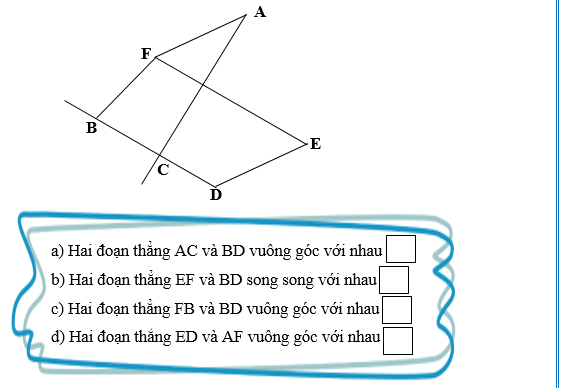Đúng ghi Đ, sai ghi S. a) Hai đoạn thẳng AC và BD vuông góc với nhau  b) Hai đoạn thẳng EF và BD song song với nhau  (ảnh 1)