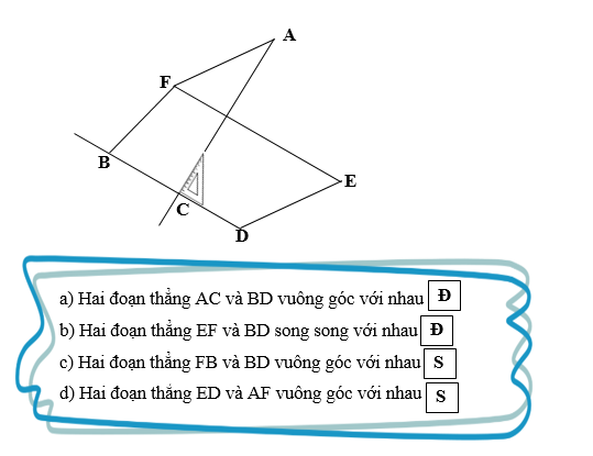 Đúng ghi Đ, sai ghi S. a) Hai đoạn thẳng AC và BD vuông góc với nhau  b) Hai đoạn thẳng EF và BD song song với nhau  (ảnh 2)