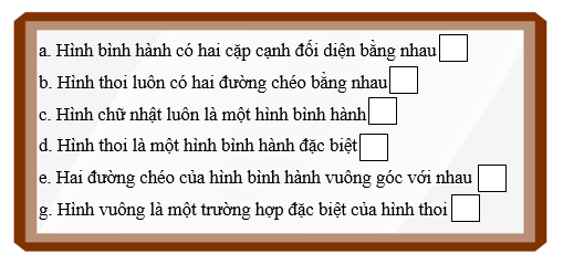 Đúng ghi Đ, sai ghi S. a. Hình bình hành có hai cặp cạnh đối diện bằng nhau  b. Hình thoi luôn có hai đường chéo bằng nhau (ảnh 1)