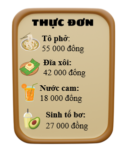 Điền số thích hợp vào chỗ chấm.  Lan vào một quán ăn và gọi một tô phở, một đĩa xôi, một ly nước cam và một cốc sinh tố bơ. Giá các món như sau:  a) Lan trả 100 000 đồng cho nhân viên thu ngân.  (ảnh 1)