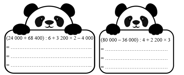 Tính giá trị biểu thức.  (24 000 + 68 400) : 6 + 3 200 × 2 – 4 000 = ……………………………………….. = ……………………………………….. (ảnh 1)