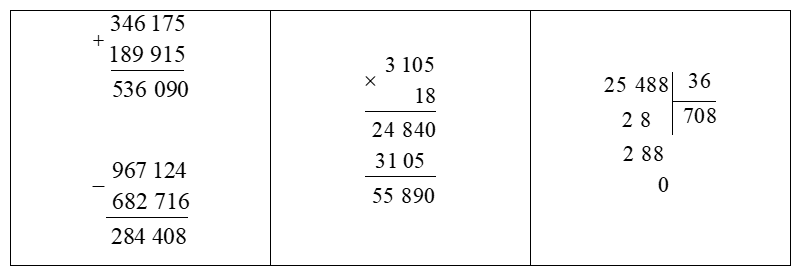 Đặt tính rồi tính:   436 175 + 189 915   967 124 – 682 716   (ảnh 1)