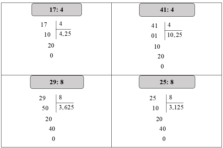 Đặt tính rồi tính  17 : 4  41 : 4  29 : 8  25 : 8 (ảnh 1)