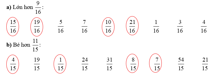 Khoanh vào các phân số:  a) Lớn hơn 9/16 (ảnh 1)