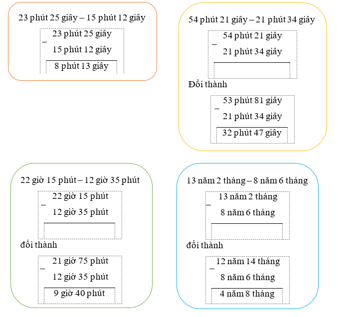  Đặt tính rồi tính  23 phút 25 giây -15 phút 12 giây  54 phút 21 giây – 21 phút 34  22 giờ 15 phút – 12 giờ 35 phút  13 năm 2 tháng – 8 năm 6 tháng (ảnh 1)