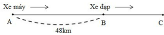a) Một người đi xe đạp từ B đến C với vận tốc 12 km/giờ, cùng lúc đó một người đi xe máy từ A cách B là 48 km với vận tốc 36 km/giờ và đuổi theo xe đạp (xem hình dưới đây). Hỏi kể từ lúc bắt đầu đi, sau mấy giờ xe máy đuổi kịp xe đạp ? (ảnh 1)