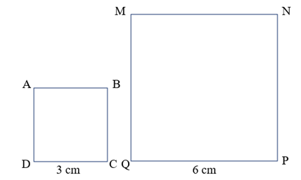 Em hãy vẽ hình vuông ABCD có cạnh 3 cm và hình vuông MNPQ có cạnh 6 cm. a) Nêu tỉ số giữa chu vi hình vuông ABCD với chu vi hình vuông MNPQ. b) Nêu nhận xét về mối quan hệ phụ thuộc giữa độ dài cạnh với chu vi của mỗi hình vuông. (ảnh 1)