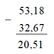 Kết quả của phép tính 53,18 – 32,67 là: (ảnh 1)