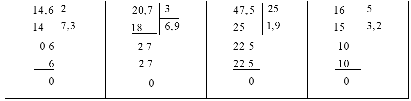 Đặt t&iacute;nh rồi t&iacute;nh:  14,6 : 2 20,7 : 3 47,5 : 25 16 : 5 (ảnh 1)