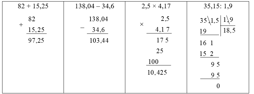 Đặt tính rồi tính:  82 + 15,25 138,04 – 34,6 2,5 × 4,17  (ảnh 1)