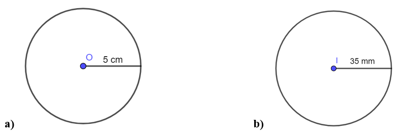 a) Vẽ đường tròn tâm O bán kính 5 cm.  b) Vẽ đường tròn tâm I đường kính bằng 70 mm. (ảnh 1)