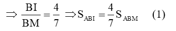 Chi ∆ABC, đường phân giác trong AD, trung tuyến BM. Gọi I là giao điểm của AD và BM. Tính tỉ số diện tích của hai tam giác ABI và ABC, biết 3AB = 2AC. (ảnh 2)