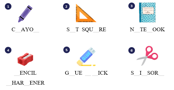 Write the missing letters. C__AYO__ (ảnh 1)