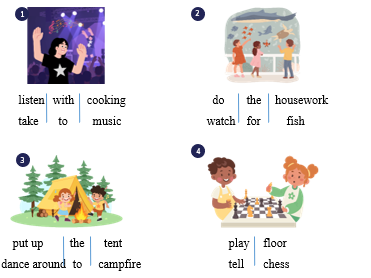 Look and circle .listen 	with 	cooking 		take 	to 	music (ảnh 1)