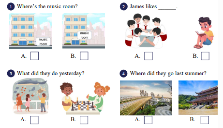 Listen and tick (v). 🎧 Where’s the music room? (ảnh 1)
