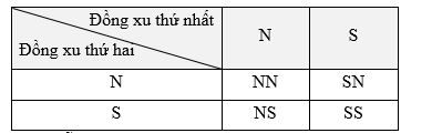 Mỗi đồng xu có 2 mặt sấp (S) và ngửa (N). Gieo ngẫu nhiên 2 đồng xu thì không gian mẫu của phép thử có số phần tử là (ảnh 1)