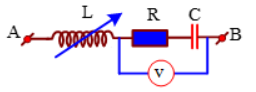 Cho đoạn mạch như hình vẽ, u_{AB} = 120 căn2 sin (100pi t)V cuộn dây thuần cảm; C = {10}^{ - 4} pi }F điện trở vôn kế rất lớn. Điều chỉnh L để số chỉ của vôn kế đạt giá trị cực đại và bằng 200 V (ảnh 1)