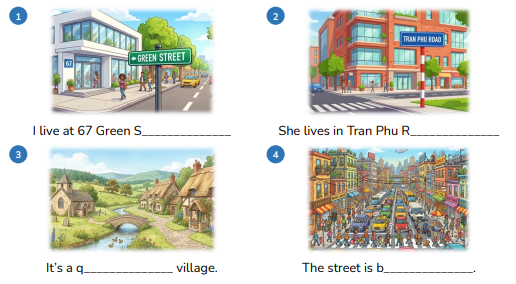. Look and write. I live at 67 Green S______________ (ảnh 1)