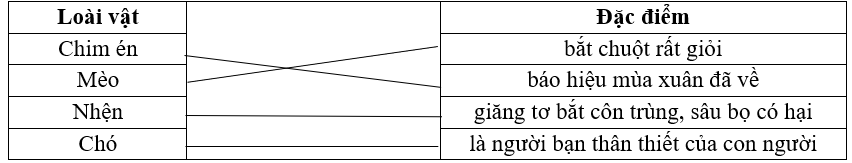Nối con vật ở cột A với đặc điểm ở cột B cho phù hợp: Loài vật		Đặc điểm Chim én		bắt chuột rất giỏi Mèo		báo hiệu mùa xuân đã về Nhện		giăng tơ bắt côn trùng, sâu bọ có hại Chó		là người bạn thân thiết của con người (ảnh 1)