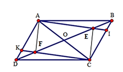 Cho h&igrave;nh b&igrave;nh h&agrave;nh ABCD. Tr&ecirc;n đường ch&eacute;o BD lấy hai điểm E v&agrave; F sao cho BE = DF < 1/2 BD.  a) Chứng minh rằng AF = CE b) Tia AE cắt BC tại I, tia CF cắt AD tại K. Chứng minh rằng ba đường thẳng AC, BD v&agrave; IK đồng quy (ảnh 1)