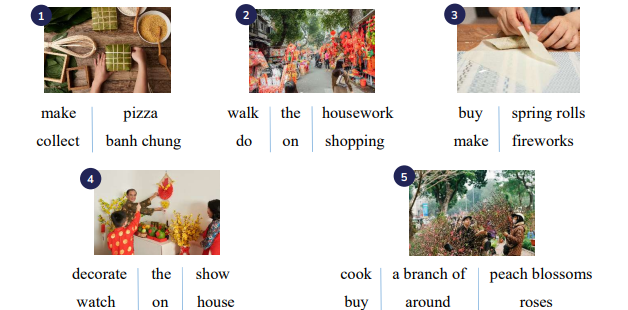 Look and circle. make		     pizza 	 collect	     banh chung  (ảnh 1)