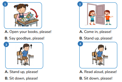 Exercise 2. Look and circle.A. Open your books, please! B. Say goodbye, please! (ảnh 1)