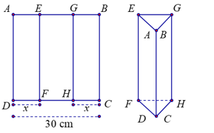 Một tấm kẽm hình vuông ABCD có cạnh bằng 30 cm. Người ta gập tấm kẽm theo hai cạnh EF và GH cho đến khi AD và BC trùng nhau như hình vẽ bên để được một hình lăng trụ khuyết hai đáy. (ảnh 1)