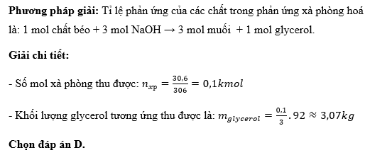 Một mẫu chất béo glyceryl tristearate (M = 890 g/mol) được xà phòng hoá hoàn toàn bằng dung dịch NaOH. Để thu được 30,6 kg xà phòng sodium stearate (M = 306 g/mol), (ảnh 1)