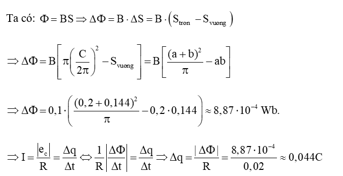 Một khung dây hình chữ nhật có điện trở R = 0,02 W, chiều dài 2 dm, chiều rộng 1,14 dm. Khung dây đặt trong từ trường (ảnh 1)