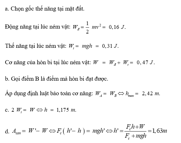 Một hòn bi có khối lượng 20 g được ném thẳng đứng lên cao với vận tốc 4m/s từ độ cao 1,6 m so với mặt đất. (ảnh 1)
