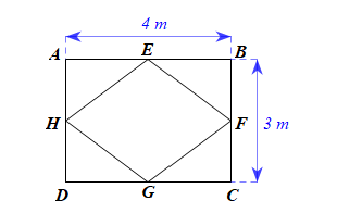 Một bồn hoa hình chữ nhật (hình vẽ), có \[AB = HF = 4m\], \[BC = EG = 3m\]. Người ta trồng hoa hồng bên trong phần đất hình thoi \[HEFG\], phần đất còn lại trồng hoa mười giờ.  (ảnh 1)