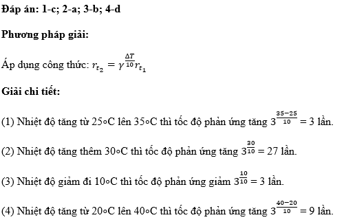 Hãy nối tình huống ở cột A với hệ quả tương ứng ở cột B, biết phản ứng có hệ số nhiệt độ γ = 3 (ảnh 1)