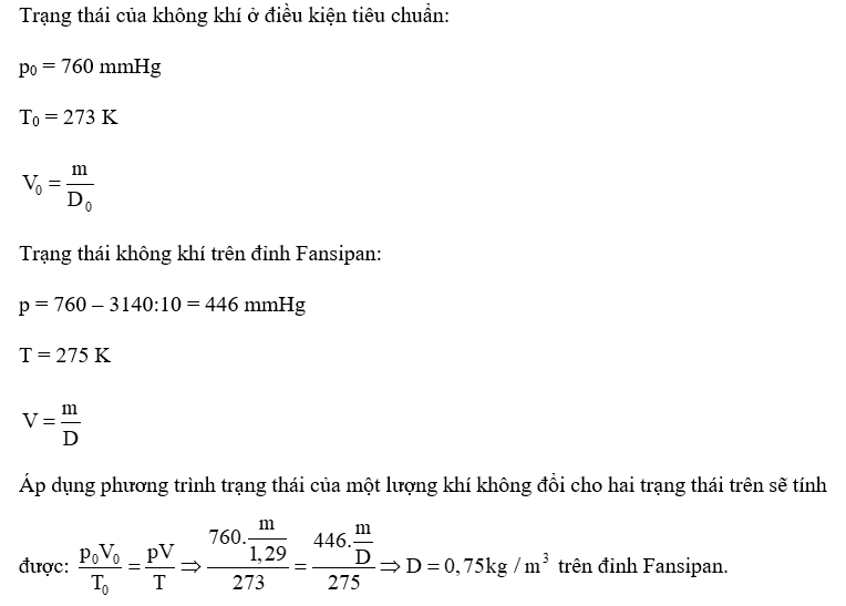 Xác định khối lượng riêng của không khí trên đỉnh Fansipan cao 3 140 m trong dãy Hoàng Liên Sơn, biết (ảnh 1)