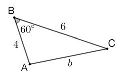 Cho tam giác ABC có các cạnh a = 6,c = 4 và góc B = 60 độ (như hình vẽ). Tìm b (ảnh 1)