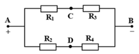 Cho mạch điện như hình vẽ, U_{AB} = 12V;{R_1} = 1Omega ;{R_2} = 3Omega ;{R_3} = 5Omega . Hiệu điện thế giữa hai đầu C, D là 1V thì giá trị của {R_4} là (ảnh 1)