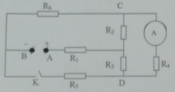Cho mạch điện như hình vẽ. Trong đó: R1 = 1,5Omega ; R2 = 6Omega ;R3 = 12Omega ; r6 = 3Omega. Hiệu điện thế giữa hai đầu AB là U = 5,4V. Ampe kế và dây nối có điện trở không đáng kể. Khi khóa K mở thì ampe kế chỉ 0,15A (ảnh 1)