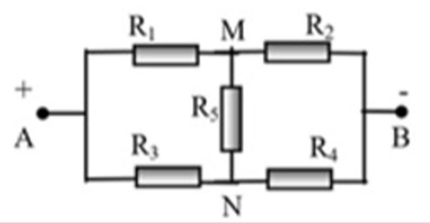 Cho mạch điện như hình vẽ. Biết R1 = 3Omega; R2 = 6 Omega ;R_3 = 4 Omega ;R_4 = 8 Omega ;R_5 = 5 Omega ;U_{AB= 18 V Xác định cường độ dòng điện qua mỗi điện trở. (ảnh 1)