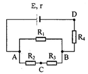 Cho mạch điện như hình vẽ:  E = 9V; r = 1Omega ,{R_1} = {R_2} = {R_3} = 3Omega ;{R_4} = 6Omega . Tính hiệu điện thế giữa hai điểm C và D (ảnh 1)