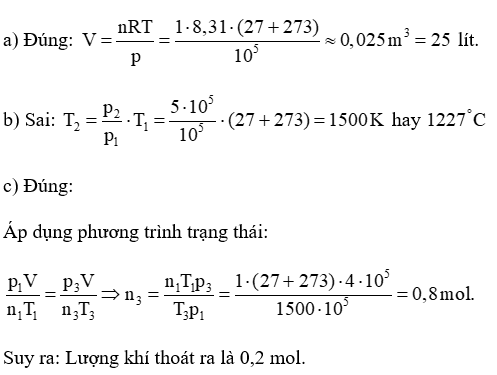 Một bình kín chứa 1 mol nitrogen, áp suất khí là 105 Pa, ở nhiệt độ 27 °C. Trong mỗi phát biểu sau, em hãy chọn đúng hoặc sai. (ảnh 1)