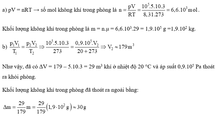 Một phòng trống có kích thước 5,0 m × 10,0 m × 3,0 m. Lúc đầu, không khí trong phòng ở điều kiện tiêu chuẩn (ảnh 1)