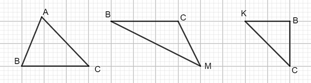 Vẽ các hình tam giác sau vào vở và xác định tam giác nhọn, tam giác tù, tam giác vuông: (ảnh 1)