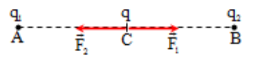 Cho hai điện tích điểm q1 = 2.10^{ - 8} C và {q_{2 = 2.10^ - 8 C đặt tại A và B cách nhau 8 cm trong chân không. Xác định lực tác dụng lên điện tích q = 10^ - 9} c đặt tại trung điểm C của AB (ảnh 1)