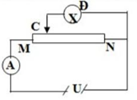 Cho mạch điện như hình vẽ: U = 6V, bóng đèn Đ có điện trở R_d = 2,5 Ω và hiệu điện thế định mức {U_d} =4,5V, MN là một dây điện trở đồng chất tiết diện đều. Bỏ qua điện trở của dây nối và của ampe kế. (ảnh 1)