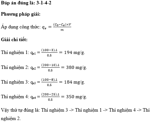 Cho bảng số liệu thí nghiệm hấp phụ các ion: Hãy sắp xếp các thí nghiệm theo thứ tự tăng dần lượng ion kim loại bị hấp phụ. 1. Thí nghiệm 1 2. Thí nghiệm 2 3. Thí nghiệm 3 4. Thí nghiệm 4 (ảnh 2)