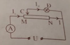 Cho mạch điện như hình vẽ: U = 6V, bóng đèn Đ có điện trở R_d = 2,5 Ω và hiệu điện thế định mức {U_d} =4,5V, MN là một dây điện trở đồng chất tiết diện đều. Bỏ qua điện trở của dây nối và của ampe kế. (ảnh 2)