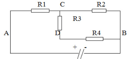 Cho mạch điện như hình vẽ. Biết R1 = R3 = R4 = 4Ω, R2 = 2Ω, U = 6V. a) Khi nối giữa A và D một vôn kế thì V bằng bao nhiêu? Biết RV rất lớn. b) Khi nối giữa A và D một ampe kế thì A bằng bao nhiêu? Biết RA rất nhỏ. (ảnh 1)