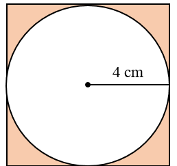 Giải bài toán sau:  Một hình tròn có bán kính 4 cm nằm trong một hình vuông như hình dưới đây. Tính diện tích phần tô màu. (ảnh 1)
