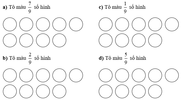 Tô màu theo yêu cầu. a) Tô màu 7/9  số hình  	c) Tô màu 1/9  số hình   (ảnh 1)