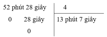 Kết quả của phép tính 52 phút 28 giây : 4 là: (ảnh 1)