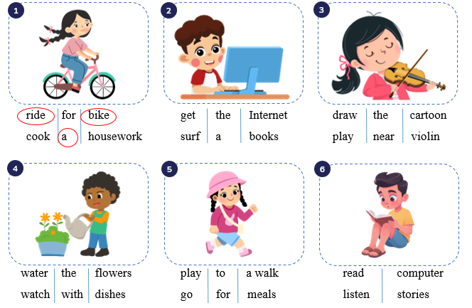 Look and circle. get the Internet surf a books (ảnh 1)